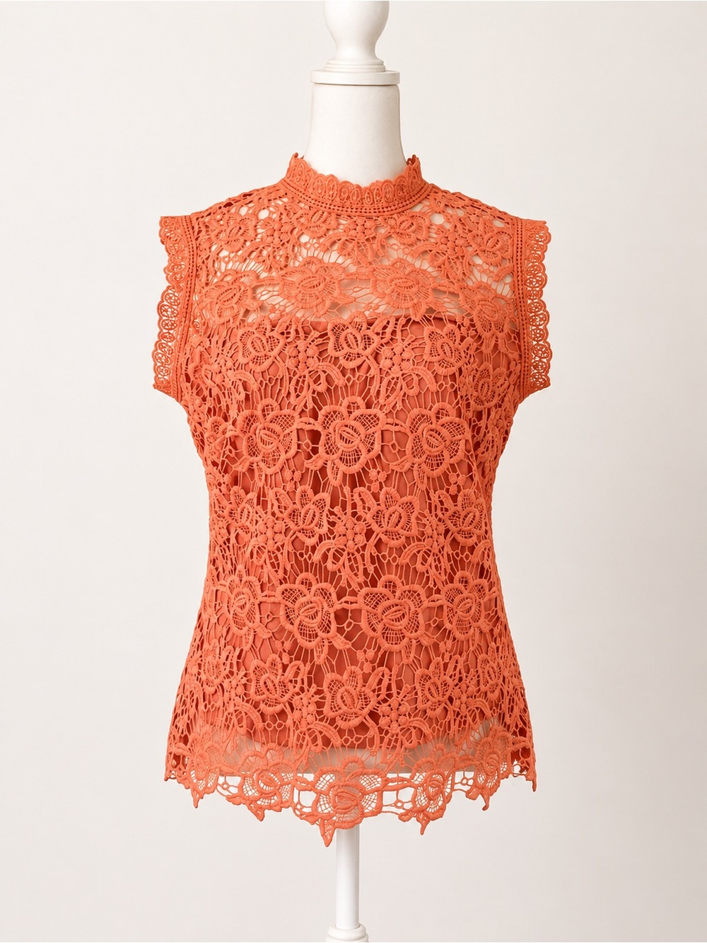 Coral Guipure Lace Mock Neck Top with Exposed Zip– Size Medium